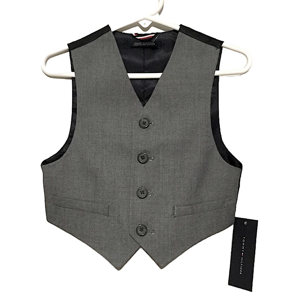 TOMMY HILFIGER Boys sz 2T Suit Vest Silky Adjustable Back Gray Navy NWT